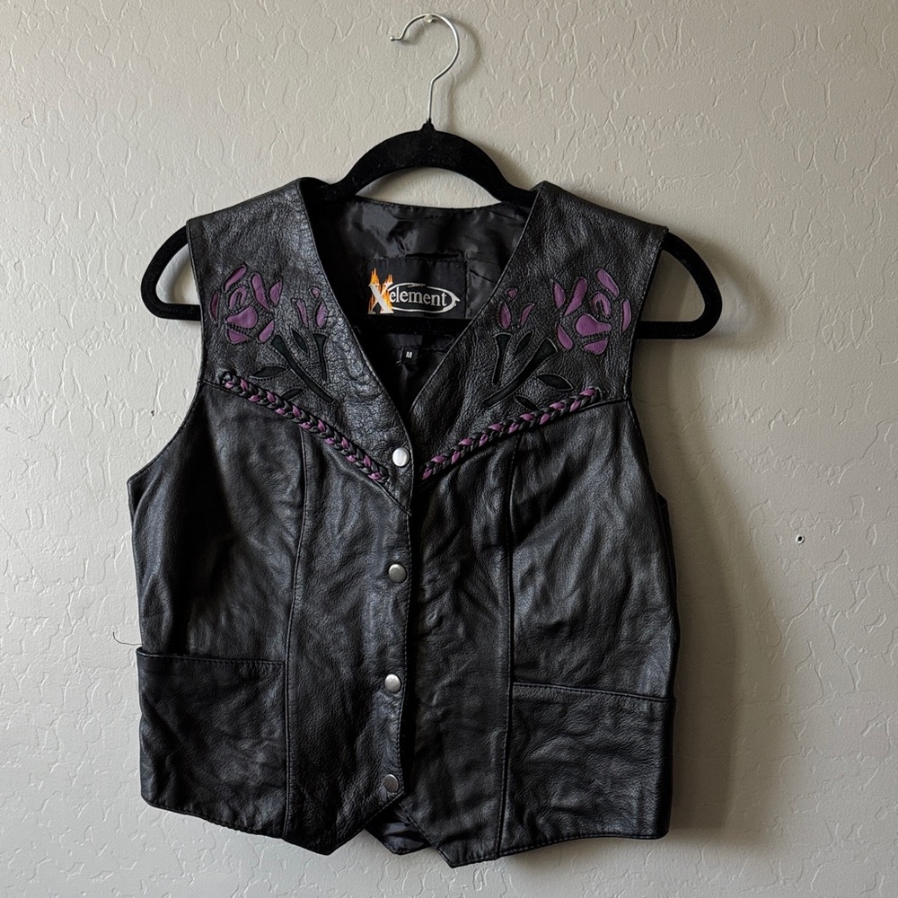 Element Black Leather Vest with Purple Embroidery